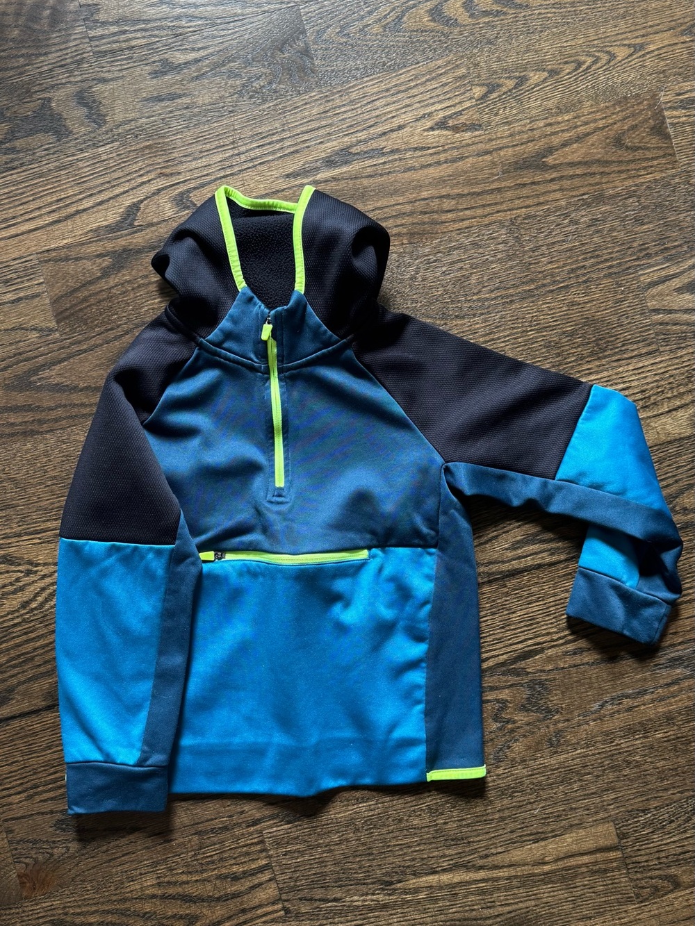 Old Navy Blue & Black Boys Active Hooded Pullover with Neon Yellow Trim